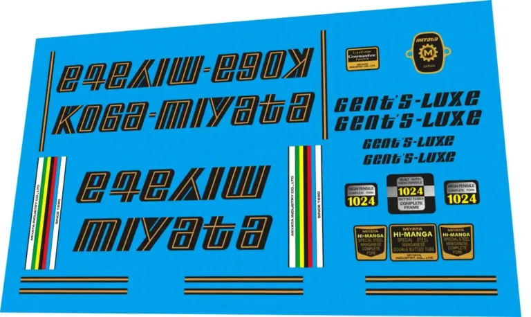 Koga Miyata Gent's Luxe 1978 decal set – gold script down tube logos, Hi-Manga tube badges, factory pinstripes for restoration