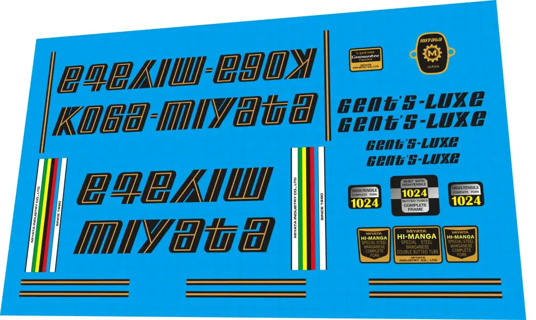 Koga Miyata Gent's Luxe 1978 decal set – gold script down tube logos, Hi-Manga tube badges, factory pinstripes for restoration