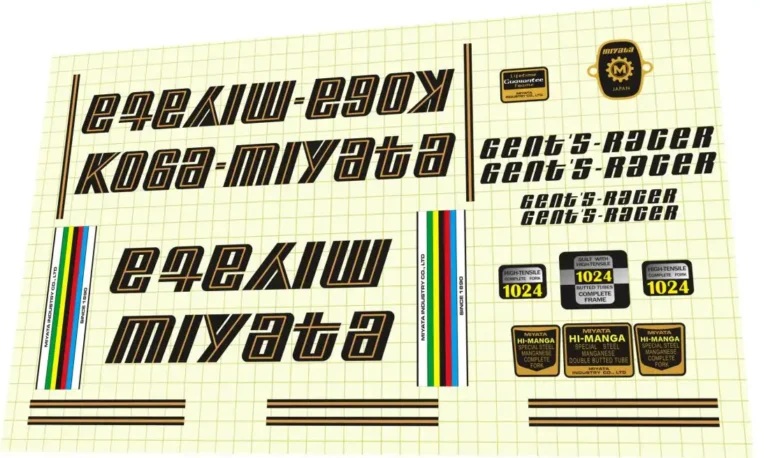 Koga Miyata Gent's Racer 1978 decal set – gold script down tube logos, Hi-Manga tube badges, factory pinstripes for restoration