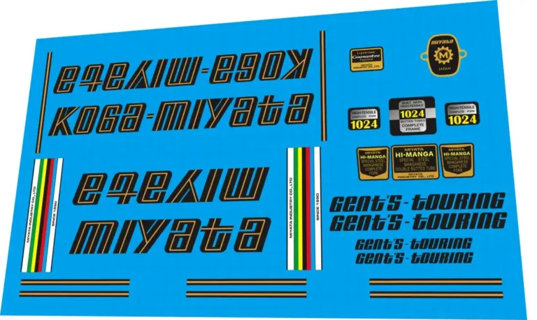 Koga Miyata Gent's Touring 1978 decal set – gold script down tube logos, Hi-Manga tube badges, factory pinstripes for restoration
