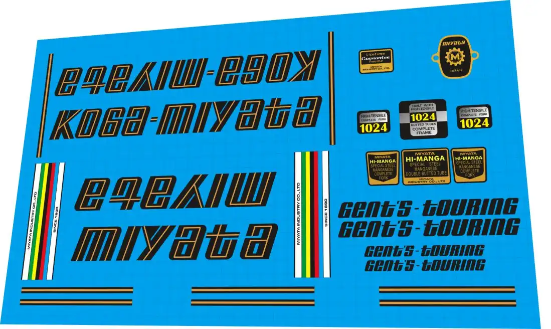 Koga Miyata Gent's Touring 1978 decal set – gold script down tube logos, Hi-Manga tube badges, factory pinstripes for restoration
