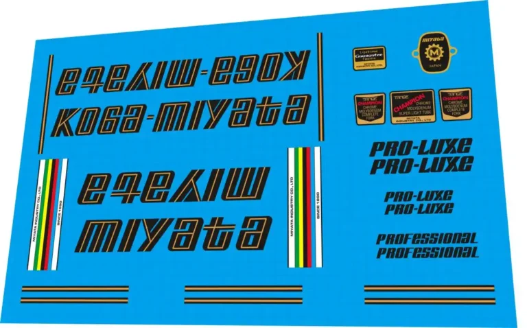 Koga Miyata Pro-Luxe 1978 decal set – gold script down tube logos, Tange Champion tube badges, factory pinstripes for restoration