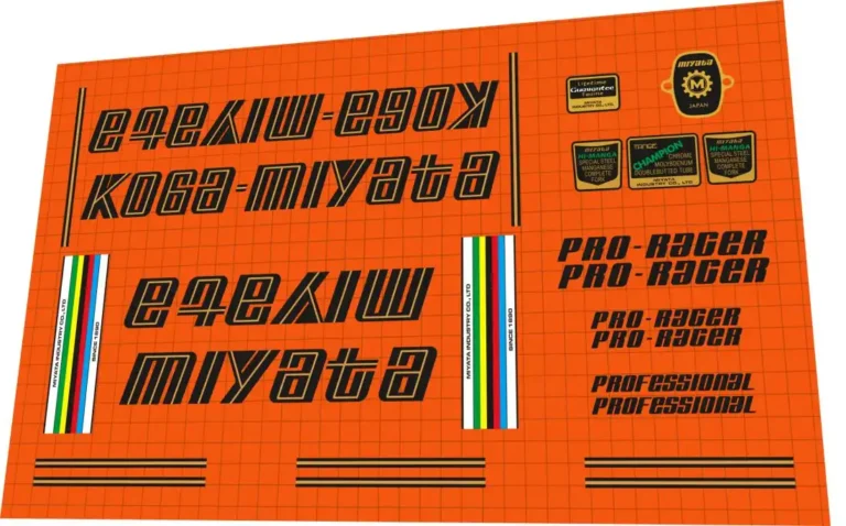 Koga Miyata Pro-Racer 1978 decal set – gold script down tube logos, Tange Champion and Hi-Manga tube badges, factory pinstripes for restoration