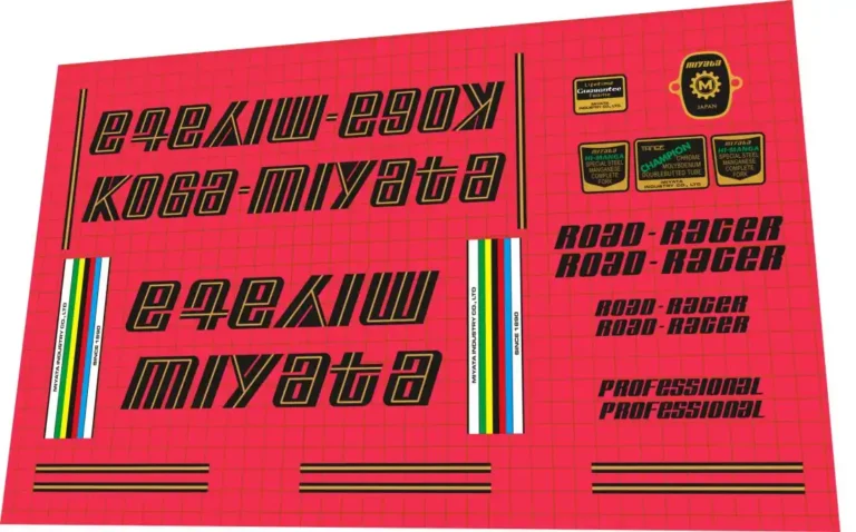 Koga Miyata Road-Racer 1978 decal set – gold script down tube logos, Tange Champion and Hi-Manga tube badges, factory pinstripes for restoration