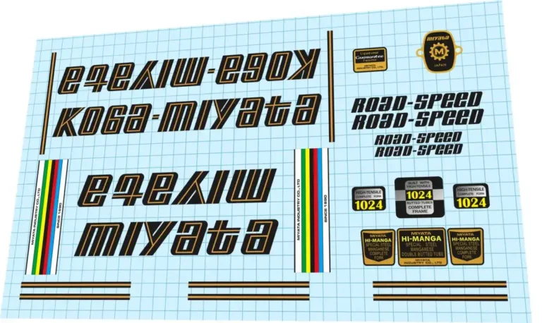Koga Miyata Road-Speed 1978 decal set – gold script down tube logos, Hi-Manga tube badges, factory pinstripes for restoration
