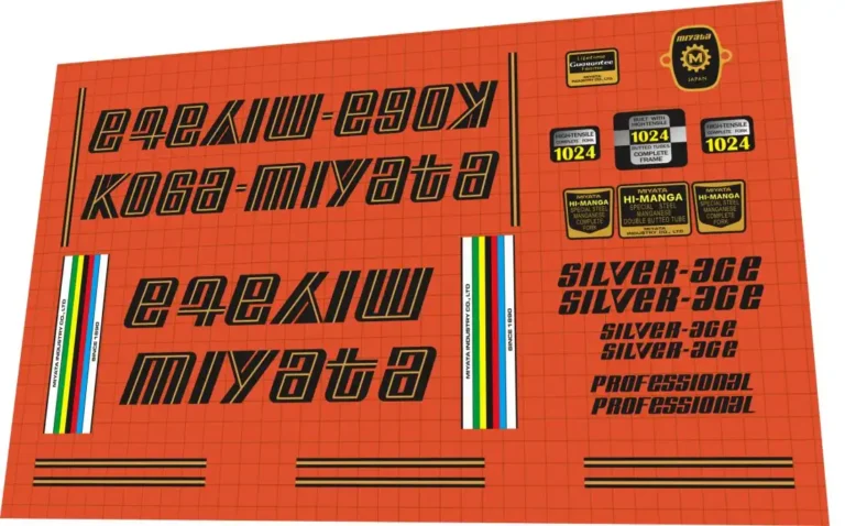 Miyata Silver-Ace 1978 decal set – gold script down tube logos, Hi-Manga tube badges, Professional badge for restoration FAQ block: