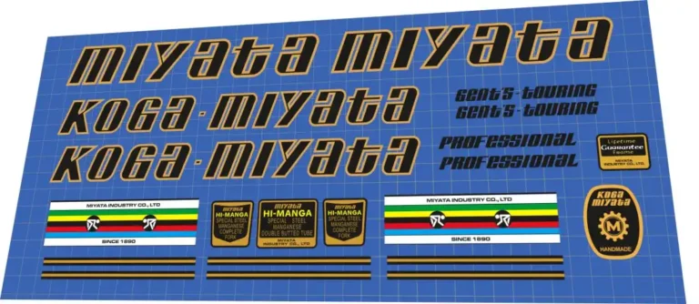 Koga Miyata Gent's Touring 1979 decal set – script down tube logos, Hi-Manga tube badges, round Handmade gear badge for restoration