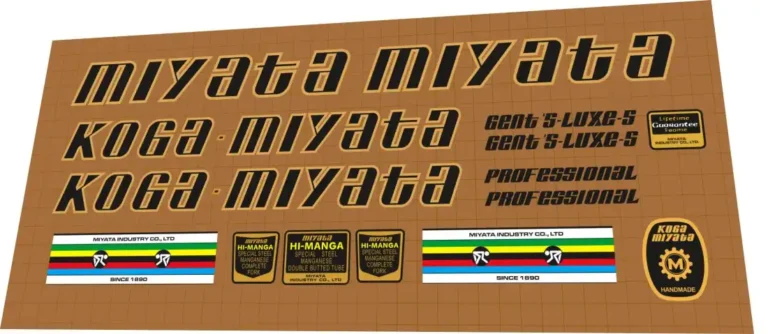 Koga Miyata Gent's Luxe-S 1979 decal set – script down tube logos, Hi-Manga tube badges, round Handmade gear badge for restoration