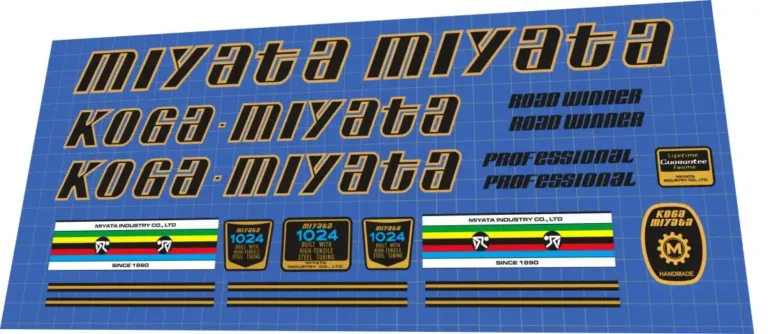 Koga Miyata Pro-Luxe 1979 decal set – script down tube logos, Tange Champion tube badges, round Handmade gear badge for restoration