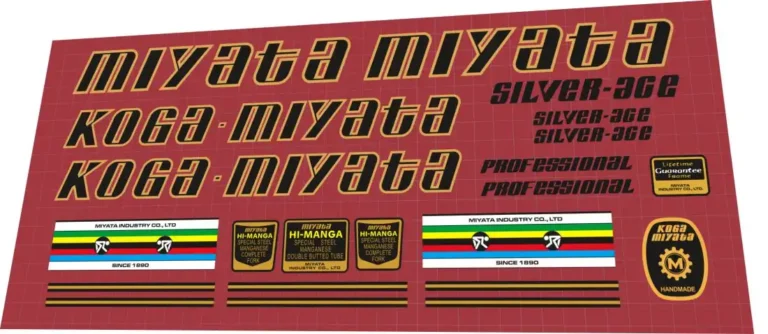 Koga Miyata Silver-Ace 1979 decal set – script down tube logos, Hi-Manga tube badges, round Handmade gear badge for restoration