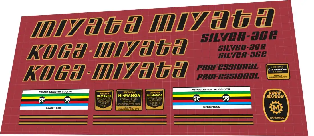 Koga Miyata Silver-Ace 1979 decal set – script down tube logos, Hi-Manga tube badges, round Handmade gear badge for restoration