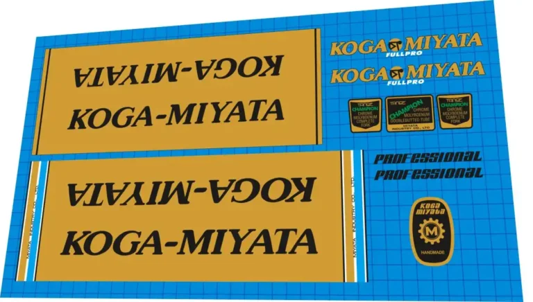 Koga Miyata Fullpro 1980 decal set – block logo decals, Tange Champion tube badges, round Handmade gear badge for restoration