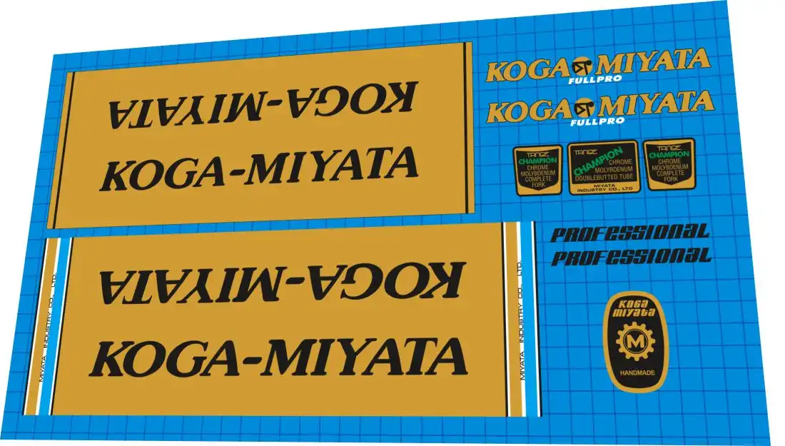 Koga Miyata Fullpro 1980 decal set – block logo decals, Tange Champion tube badges, round Handmade gear badge for restoration